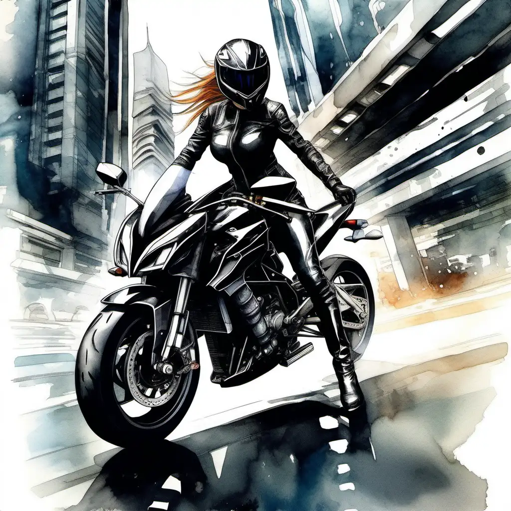 Sexy biker girl in leather suit in black color helmet Axxis Draken Helmet in black color
riding a motorcycle
Tiger 900 GT Aragón in black on the streets of a futuristic city at high speed, watercolor paint
