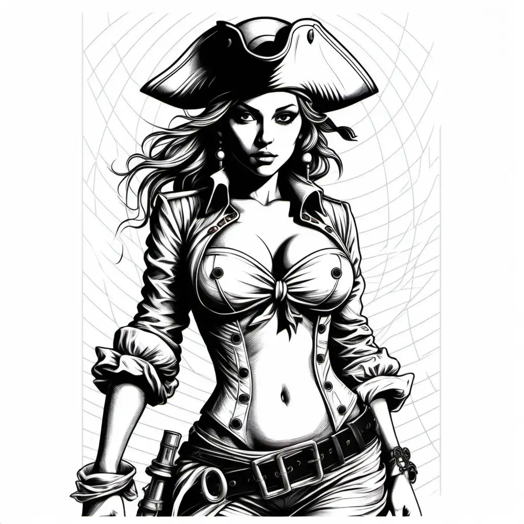 laser engraving,sexy pirat girl,black lines white bg