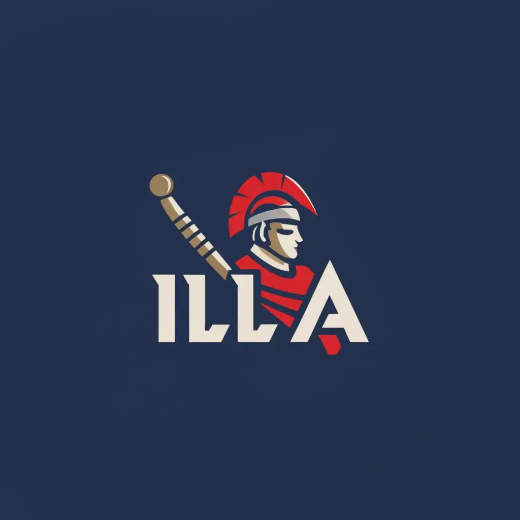 a logo design,with the text "ILA", main symbol:Sports League logo with a red and blue unevenly split plain background, a white silhouette of an ancient roman senator with a plumed Galea helmet, replace baseball bat with a sword and shield,Minimalistic,be used in Entertainment industry,clear background