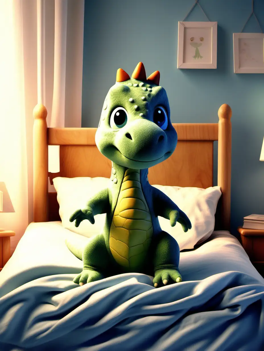 маленький динозавр сидит на кровати, под одеялом , руки подняты  вверх, одет в пижаму, детский стиль, для детей
