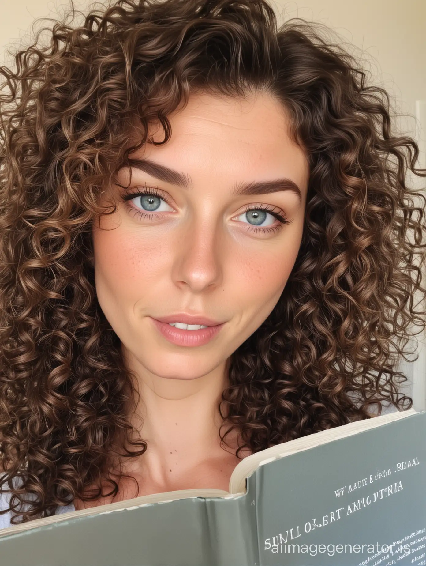 a selfie of a brunette woman with curly hair and grey-blue eyes holding up a book