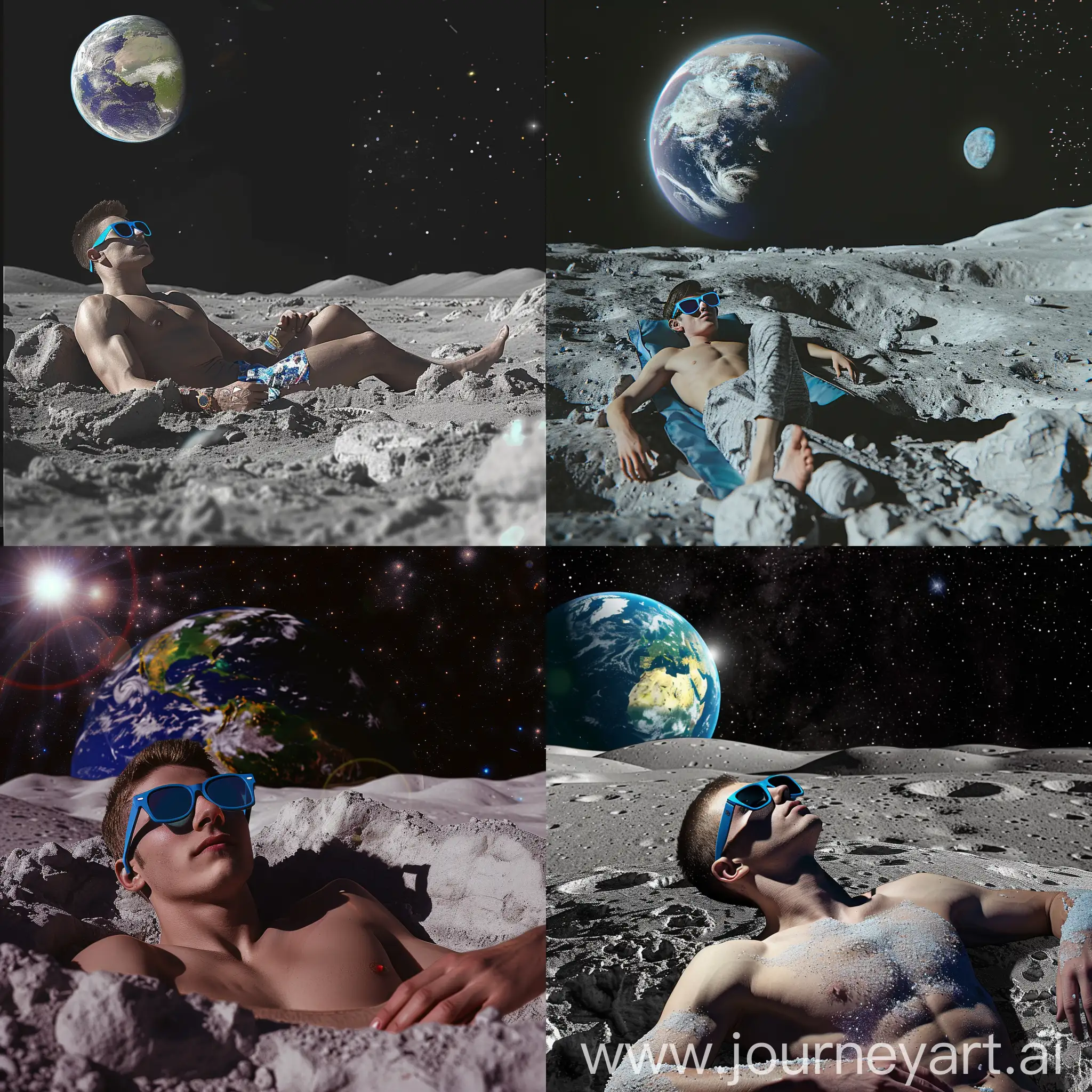 crear una imagen digital de un  modelo hombre tomando el sol en la luna utilizando unos lentes de sol azules y de fondo se ve el planeta tierra