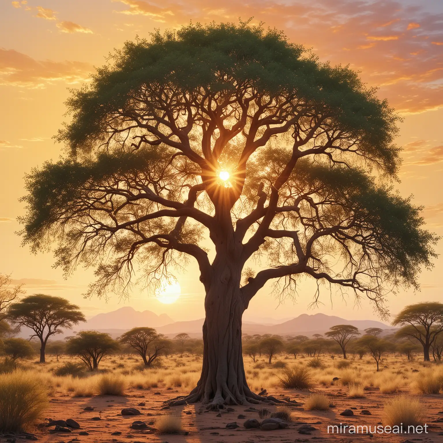 You're an experienced landscape artist who is known for capturing the essence of nature through your vivid paintings. Your task is to create a painting of a real MARULA TREE in its entirety, with the wildlife that surrounds it t Sunrise.