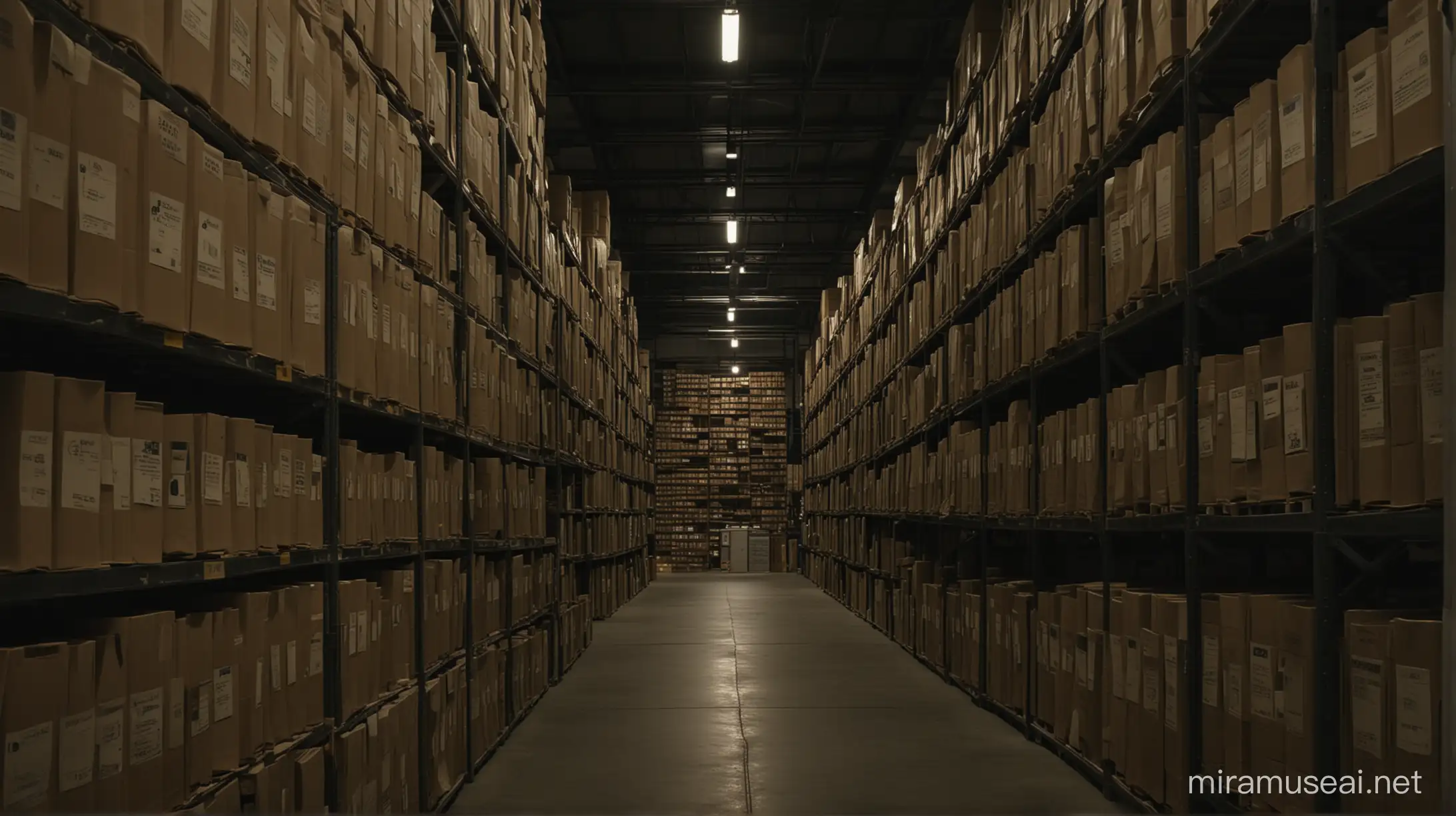 dimly lit warehouse interior full of archives