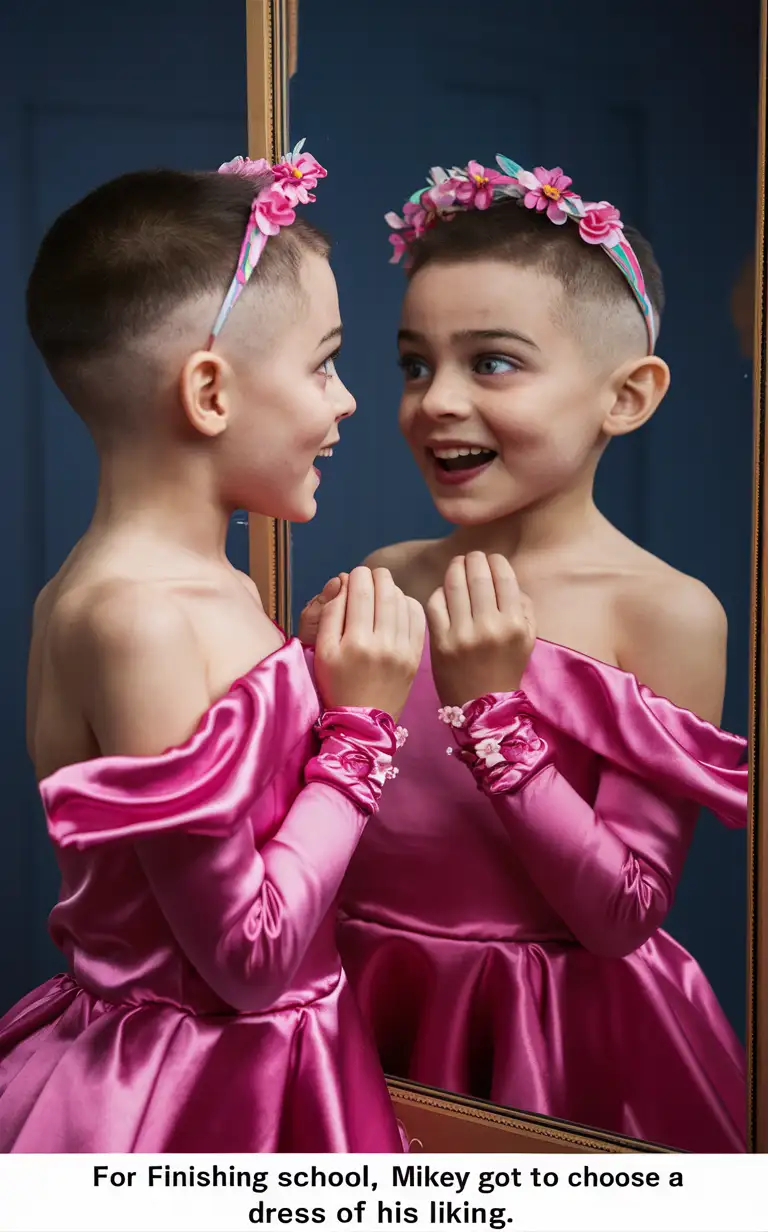 ((Gender role-reversal)), colourful Photograph, a little 11-year-old boy with short smart hair shaved on the sides, the boy is picking out a dress from a dress shop, the boy is admiring himself in a long silky pink elegant dress with sleeves and wristbands, he is looking at himself in the mirror, flowery headband, adorable, perfect faces, perfect faces, clear faces, perfect eyes, perfect noses, smooth skin, photograph style, the photograph is captioned “For finishing school, Mikey got to choose a dress of his liking.”