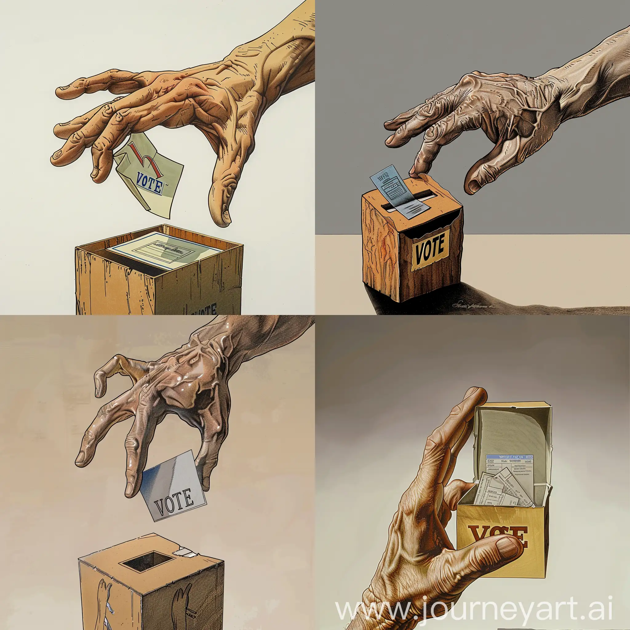 Create a digital artwork depicting a human hand, shown from the right side, reaching out to catch a ballot or a voting box. The voting box should be positioned in such a way that the hand appears to be holding it securely. Inside the voting box, prominently display the word "VOTE" to make it easily recognizable. The hand should be depicted with realistic details, such as fingers, knuckles, and nails, to enhance its clarity and make it easily identifiable as a human hand.