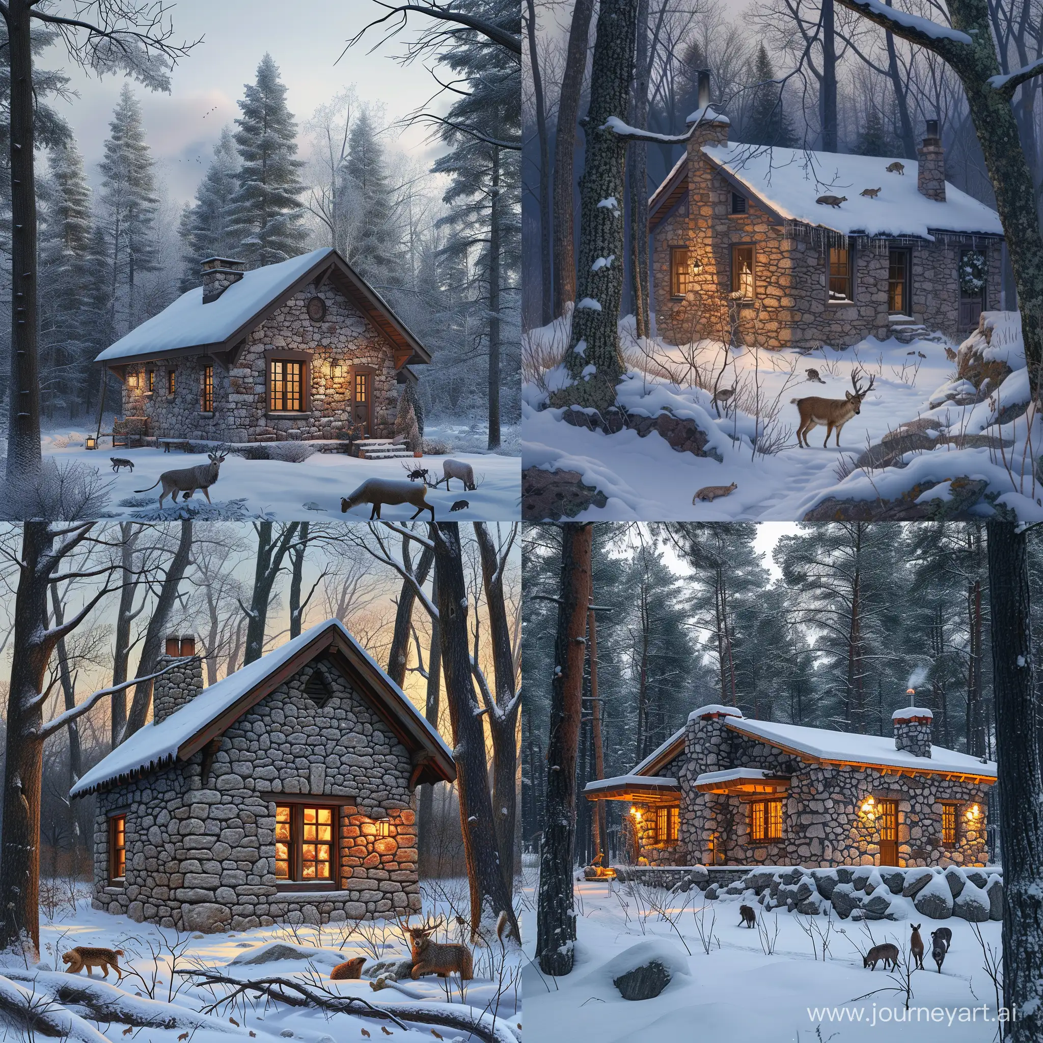 реализм, каменный одноэтажный дом в зимнем лесу, вечер, дикие звери
