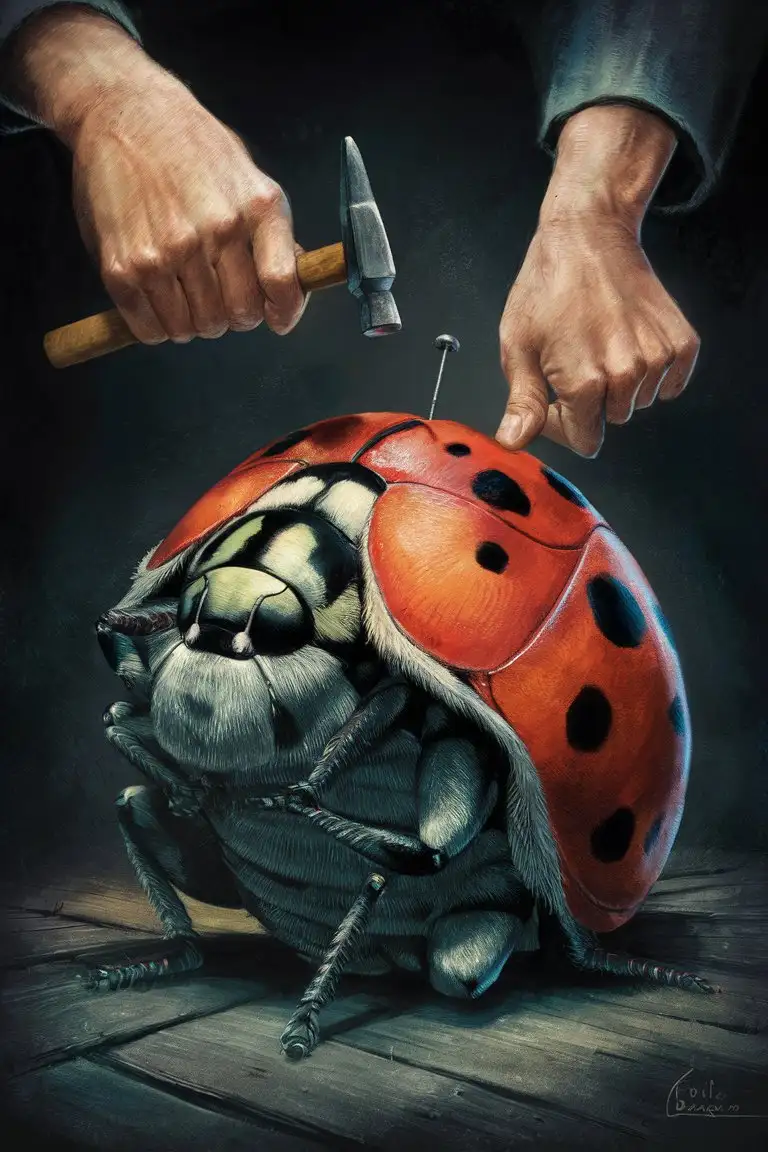 A pair of hands hammer a nail onto the hard shell of a huge, giant ladybug. The ladybug hides and folds all the legs under its shell and only a round dome shape can be seen. No legs of the ladybug. The tone is neutral. It feels dramatic. Give me a dark background. 