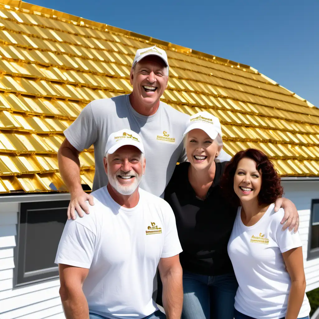 roofing contractor smiling with white family and the roof is made out of gold