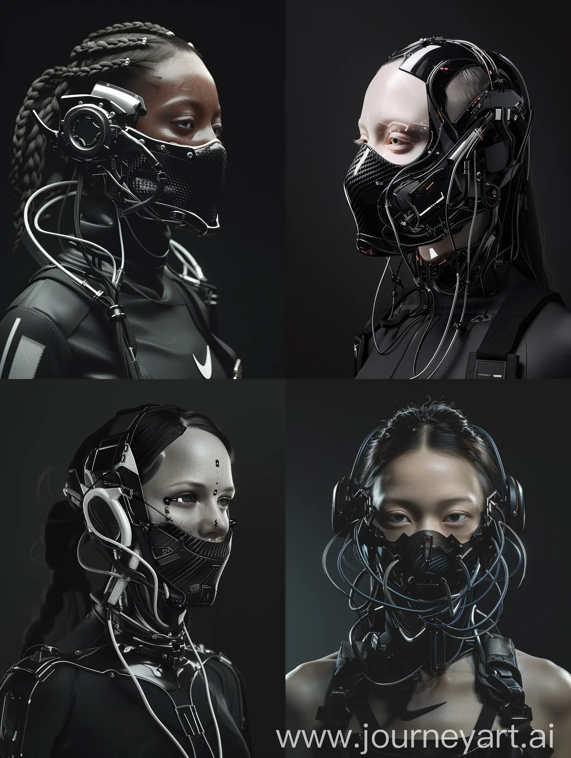Against a sleek black backdrop, witness the captivating presence of a character adorned with a cybernetic mouth-covering mask. It seamlessly merges cutting-edge technology with intricate details, showcasing carbon fiber textures, sleek aluminum accents, and pulsating wires. Symbolizing the delicate equilibrium between humanity and machine, her appearance embodies the essence of a futuristic cyberpunk aesthetic, further accentuated by Nike-inspired add-ons. With dynamic movements reminiscent of action-packed film sequences, accompanied by cinematic haze and an electric energy, she exudes an irresistible allure that commands attention.