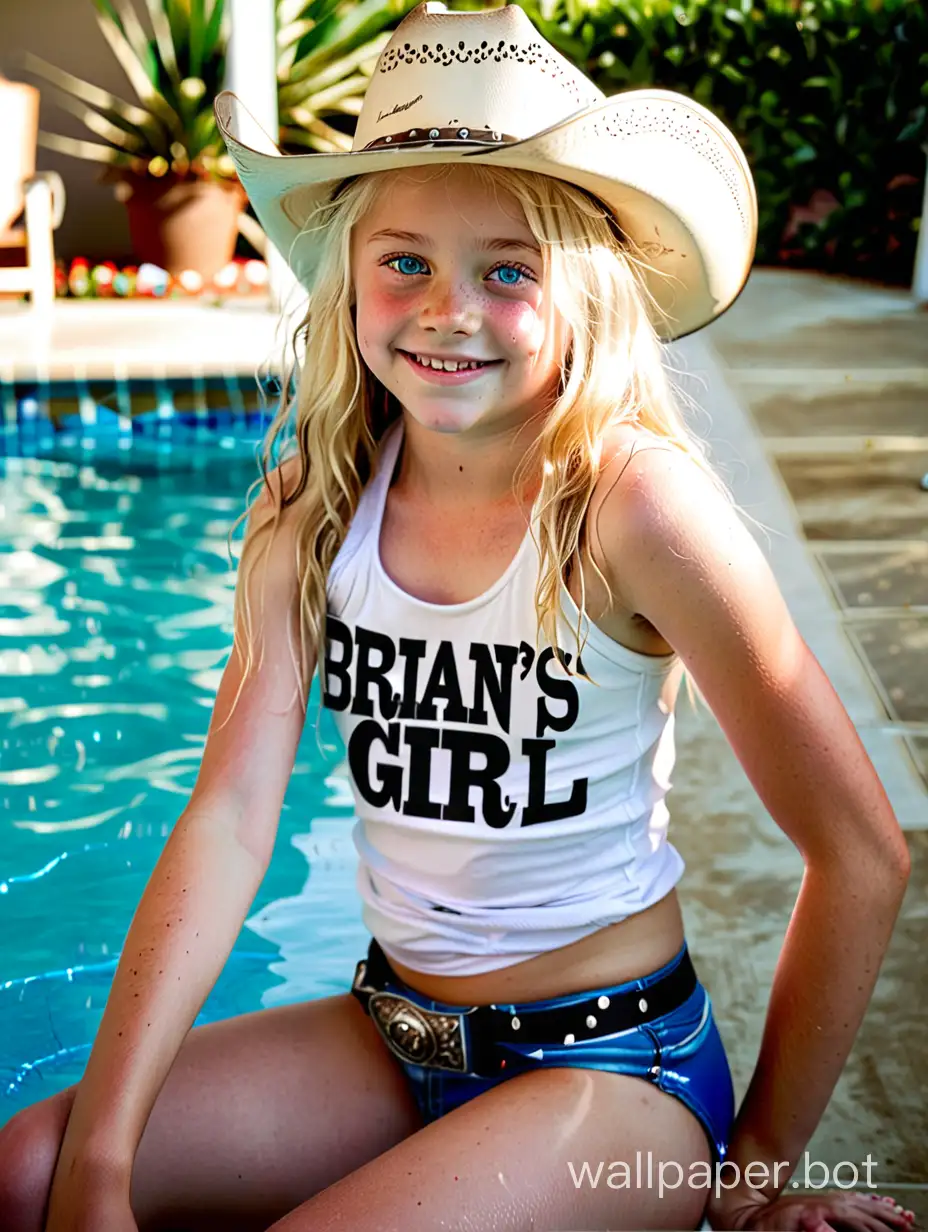 14 year old girl blonde hair blue eyes in a cowboy hat wearing a white tank top that says " Brian's girl " and wearing a black bikini bottom sitting by a swimming pool smiling