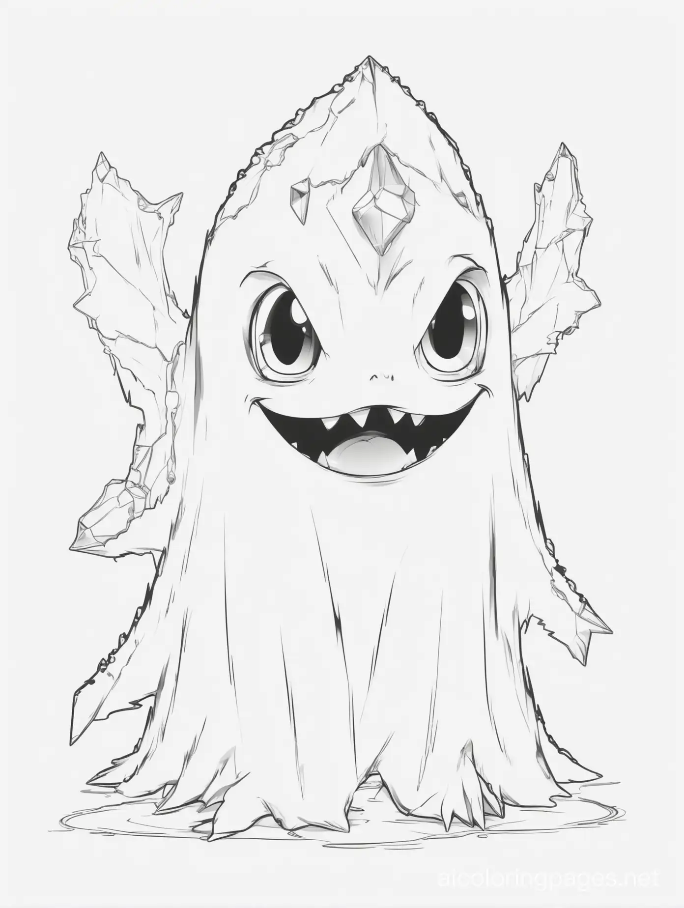 A ghost Pokemon with crystals growing from its back. Should be scary looking , Coloring Page, black and white, line art, white background, Simplicity, Ample White Space. The background of the coloring page is plain white to make it easy for young children to color within the lines. The outlines of all the subjects are easy to distinguish, making it simple for kids to color without too much difficulty