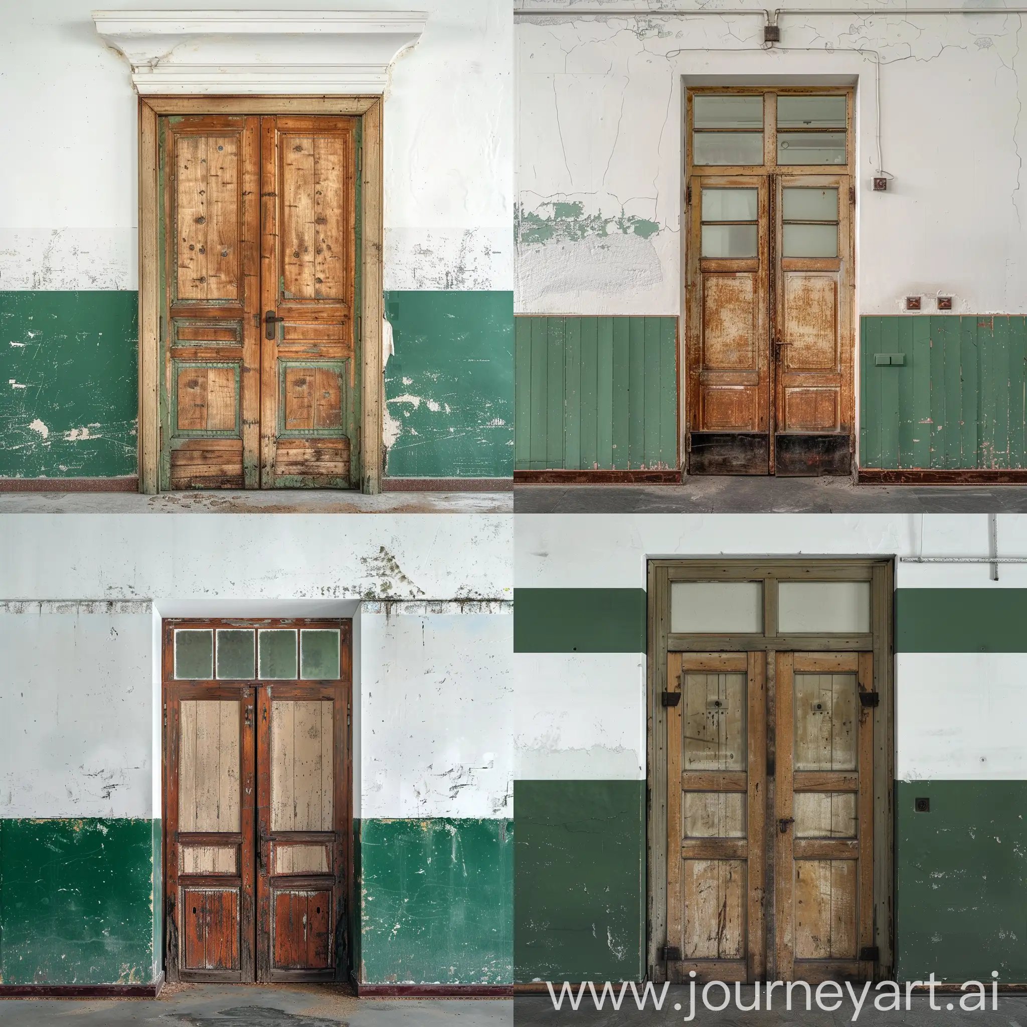 the door of the Soviet military office, the walls of the offices are white on the top, the bottom are green, the door of the office is wooden, old, hyper-realism, 8K image quality, ultra detail 