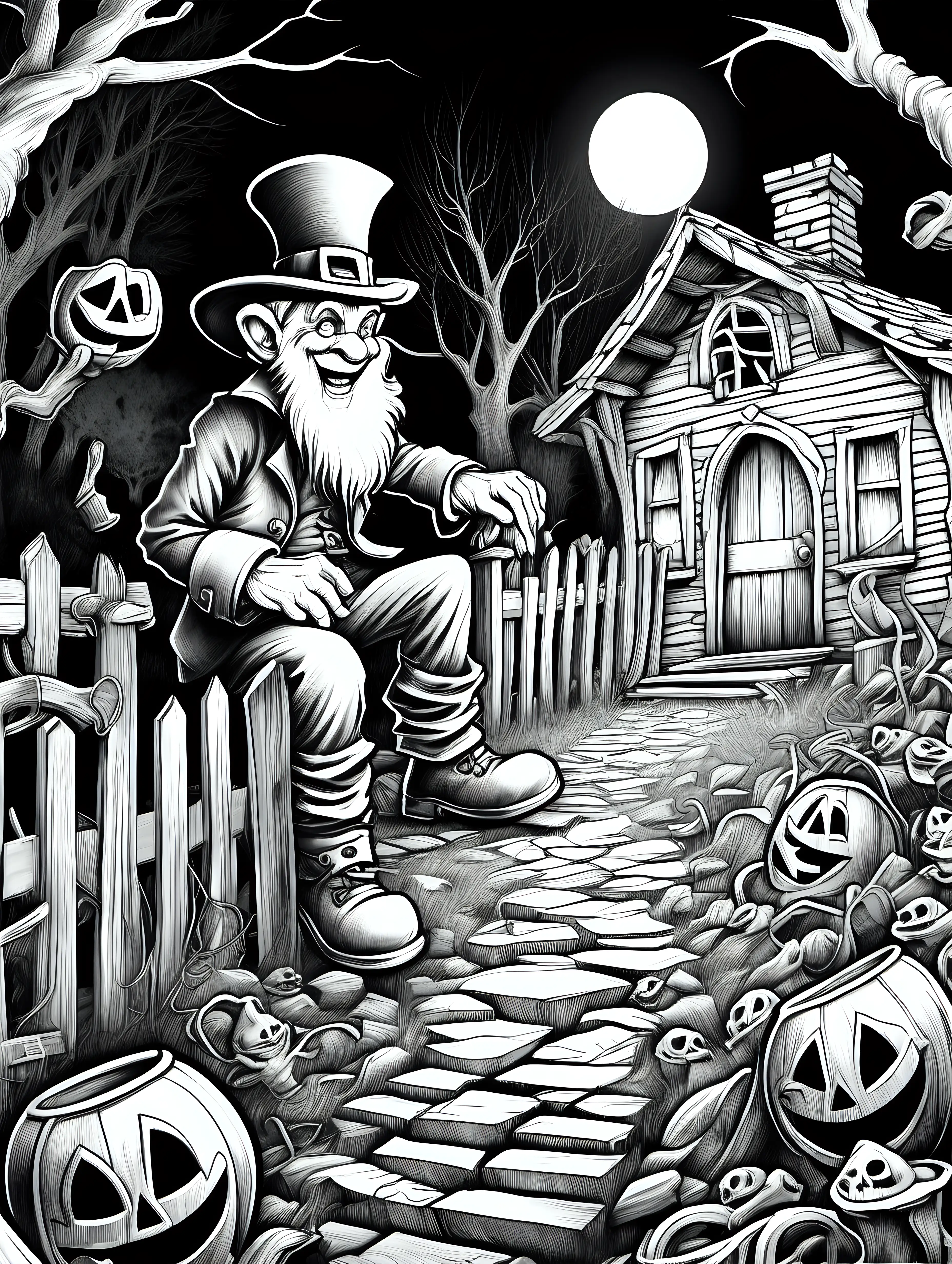 coloring book page, black and white, line art,  graphic art, no color , no greyscale, just  black and white, no shading, a lot of white making it easy to color, An abandoned, haunted village with a malicious leprechaun lurking in the shadows. The leprechaun is casting a spell, with eerie green light glowing from his hands, and ghostly figures floating around, remove greyscale, remove shading