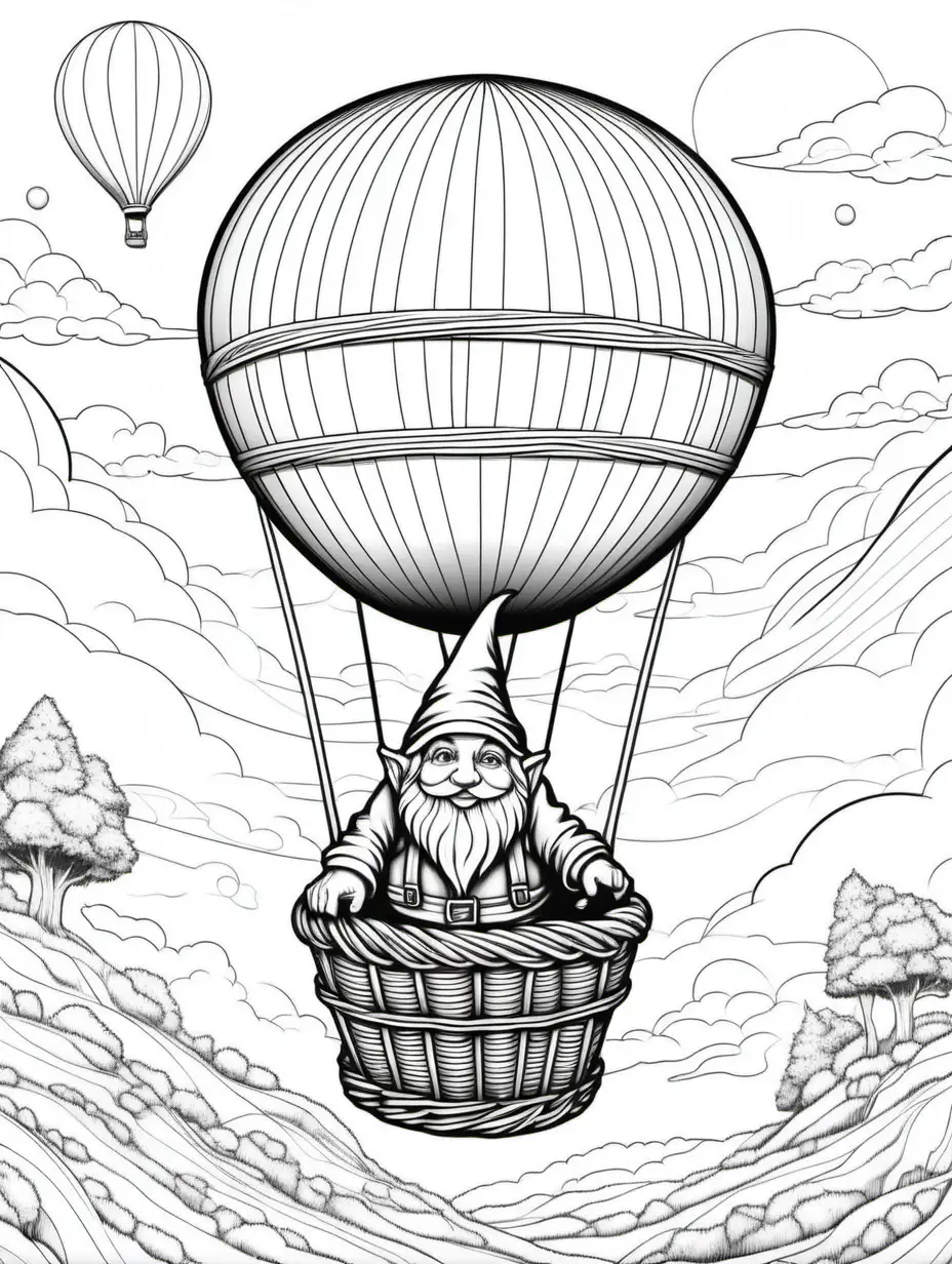 coloring page for adults, gnome riding in hot air balloon basket, thick lines, low detail, no shading