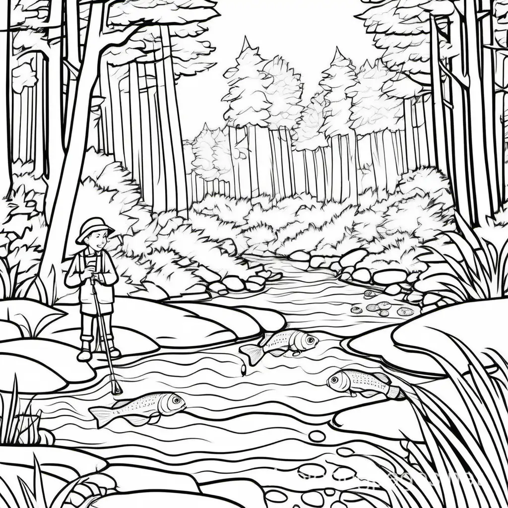 Stream Fishing: Fishing in a clear forest stream., Coloring Page, black and white, line art, white background, Simplicity, Ample White Space. The background of the coloring page is plain white to make it easy for young children to color within the lines. The outlines of all the subjects are easy to distinguish, making it simple for kids to color without too much difficulty
