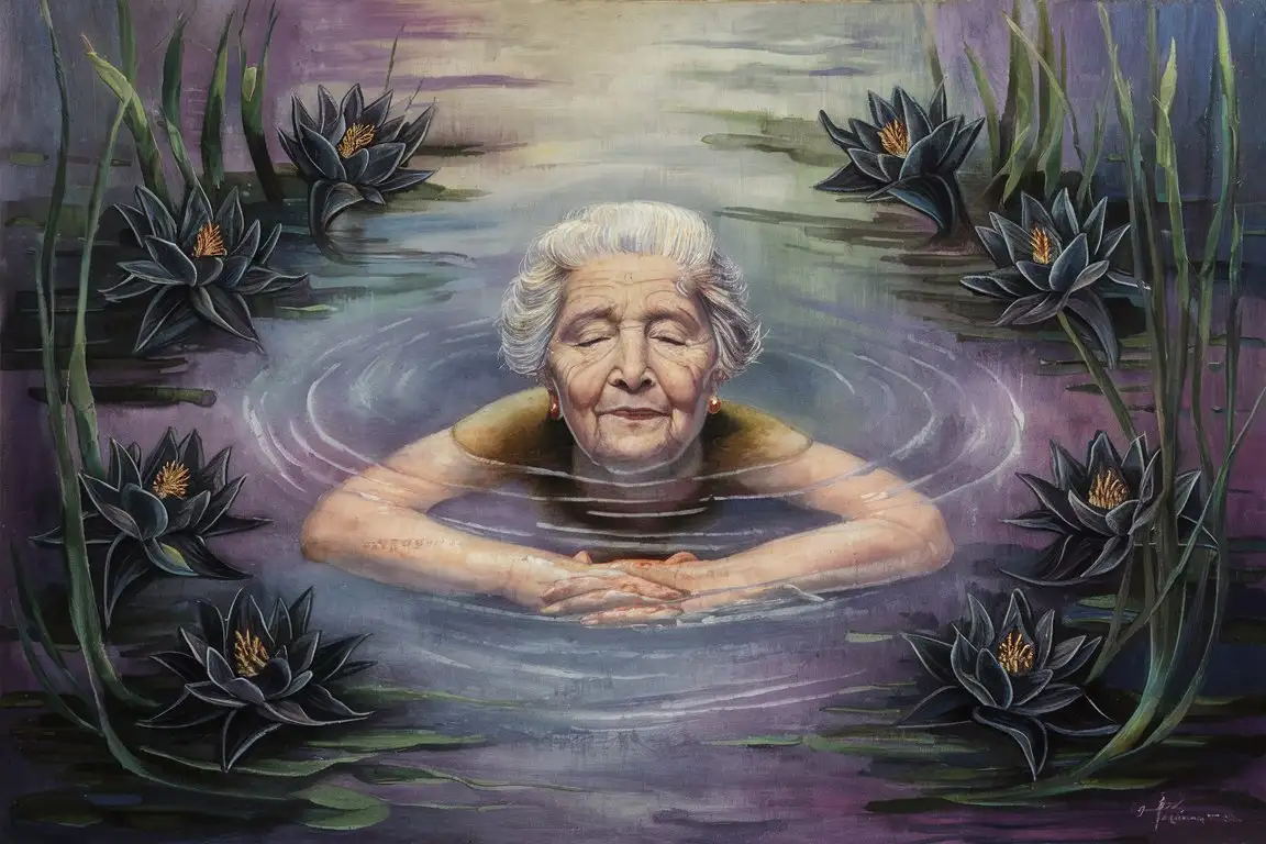 Old lady in water with black water lilies oil painting