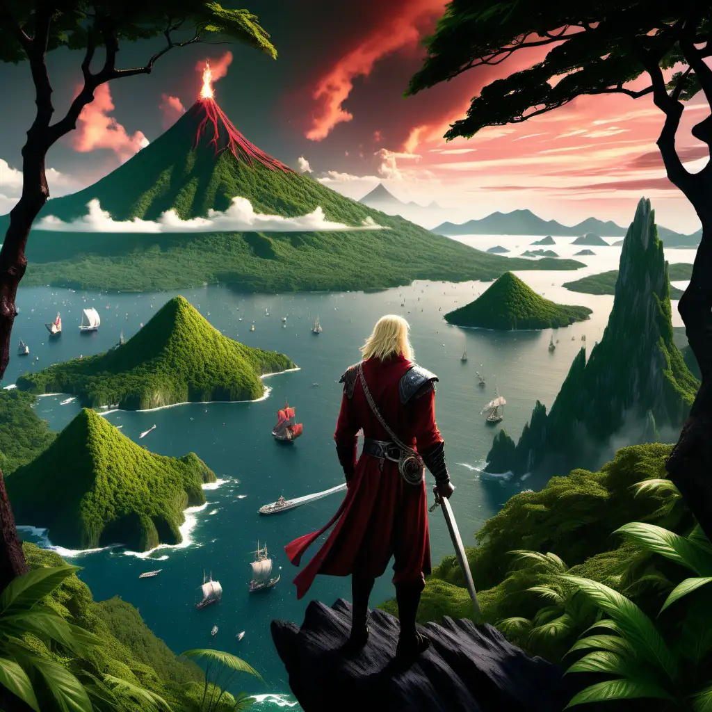 A Vista of verdant islands with mountainous volcanoes in the midst of a vast sea with sailing vessels dotting it.  A blonde man in illuminated forest green and crimson silver-accented fantasy garb stands atop a peak in the distance and faces away toward the vista.  He has a scabbard attached to his back.