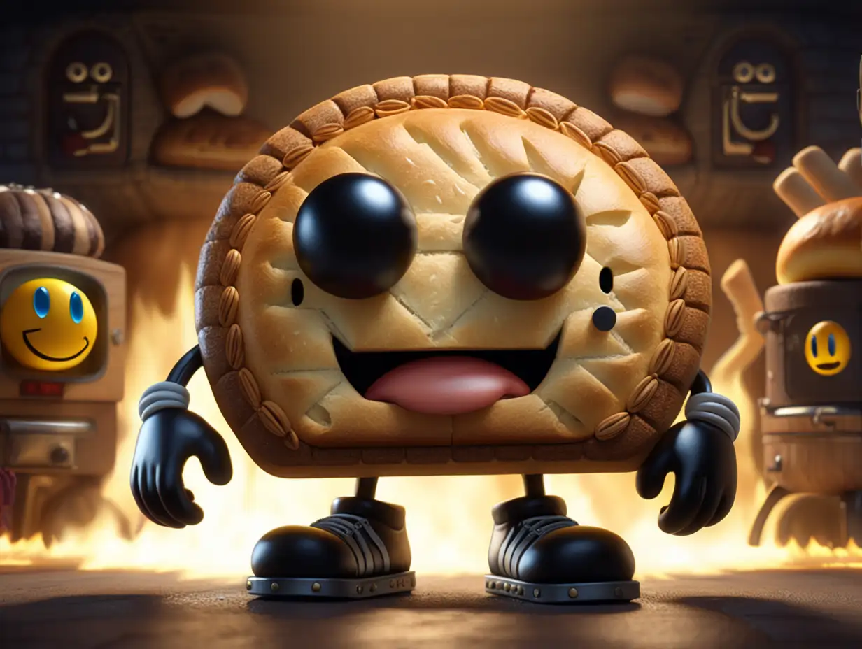 Pacman with arms and legs dressed in rocker clothes
a character in the form of a round head with arms and legs made of bread ,made of bread, dressed in rocker clothes  , fary tale Ciematic lighting, 16k, high detail —v 5.2Round bread with eyes and mouth with hands and feet coming out of their black oven,  with intricate details. —stylize 750 —v 5.1 A render,