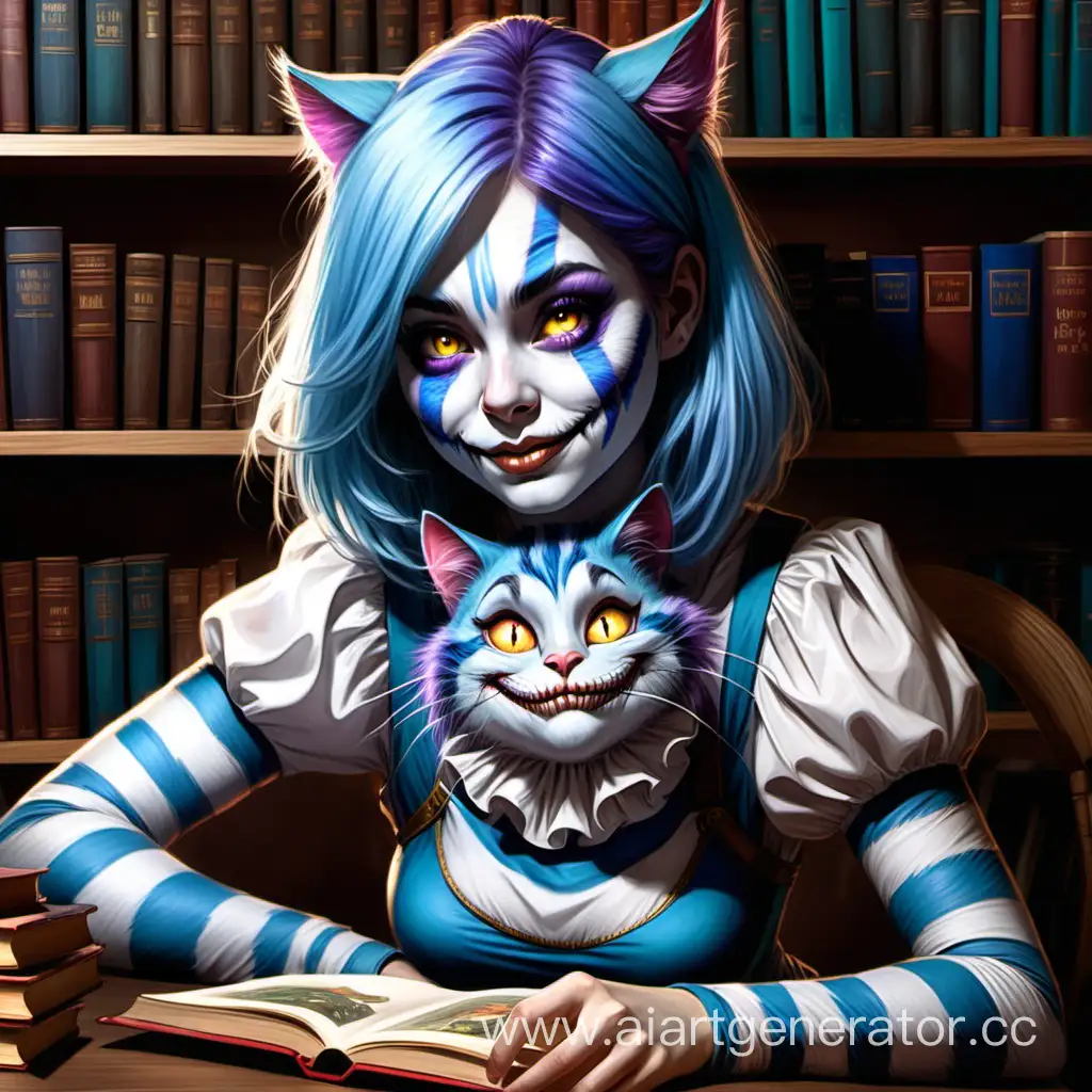 Нарисуй арт фентези портрет взрослой девушки с карими глазами, голубыми волосами, белой кожей с Чеширским котом на руках и книжном стелажом с книгами на фоне, сидящей за столом