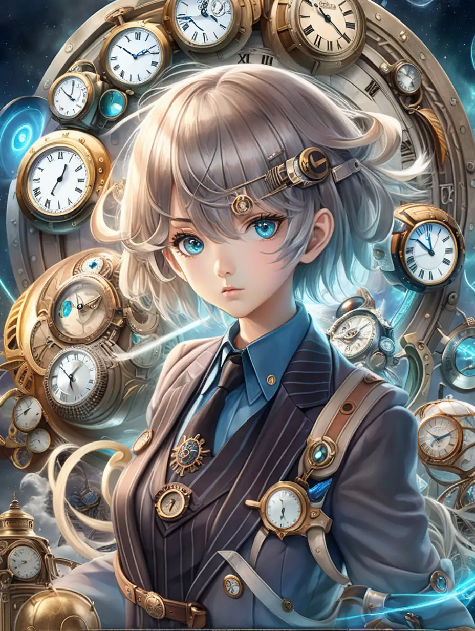 Create a mysterious anime character with a curious expression and a futuristic or vintage outfit. Surround them with swirling time vortexes, clocks, and symbols of time travel to emphasize their extraordinary abilities