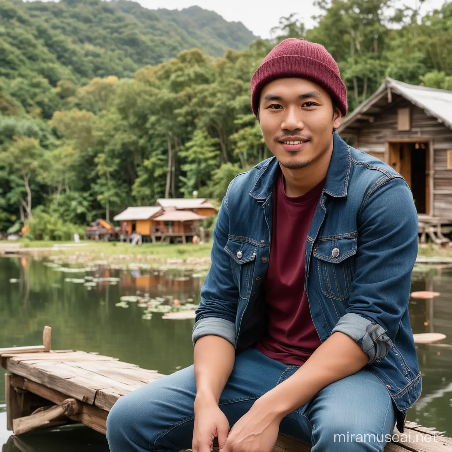Friendly Asian Man in LeafRoofed Hut with Colorful Sampans
