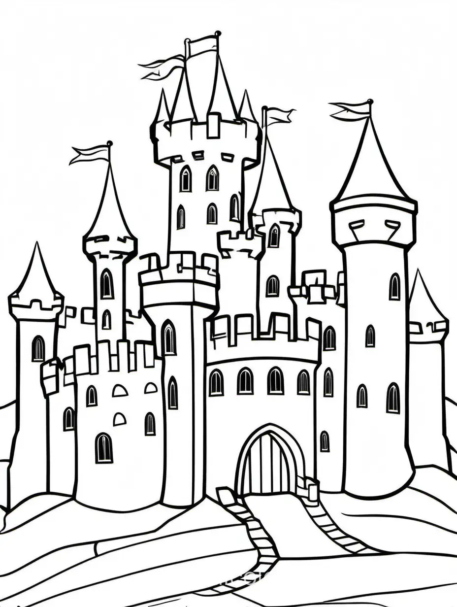 Color the castle walls gray and the windows green.
, Coloring Page, black and white, line art, white background, Simplicity, Ample White Space. The background of the coloring page is plain white to make it easy for young children to color within the lines. The outlines of all the subjects are easy to distinguish, making it simple for kids to color without too much difficulty