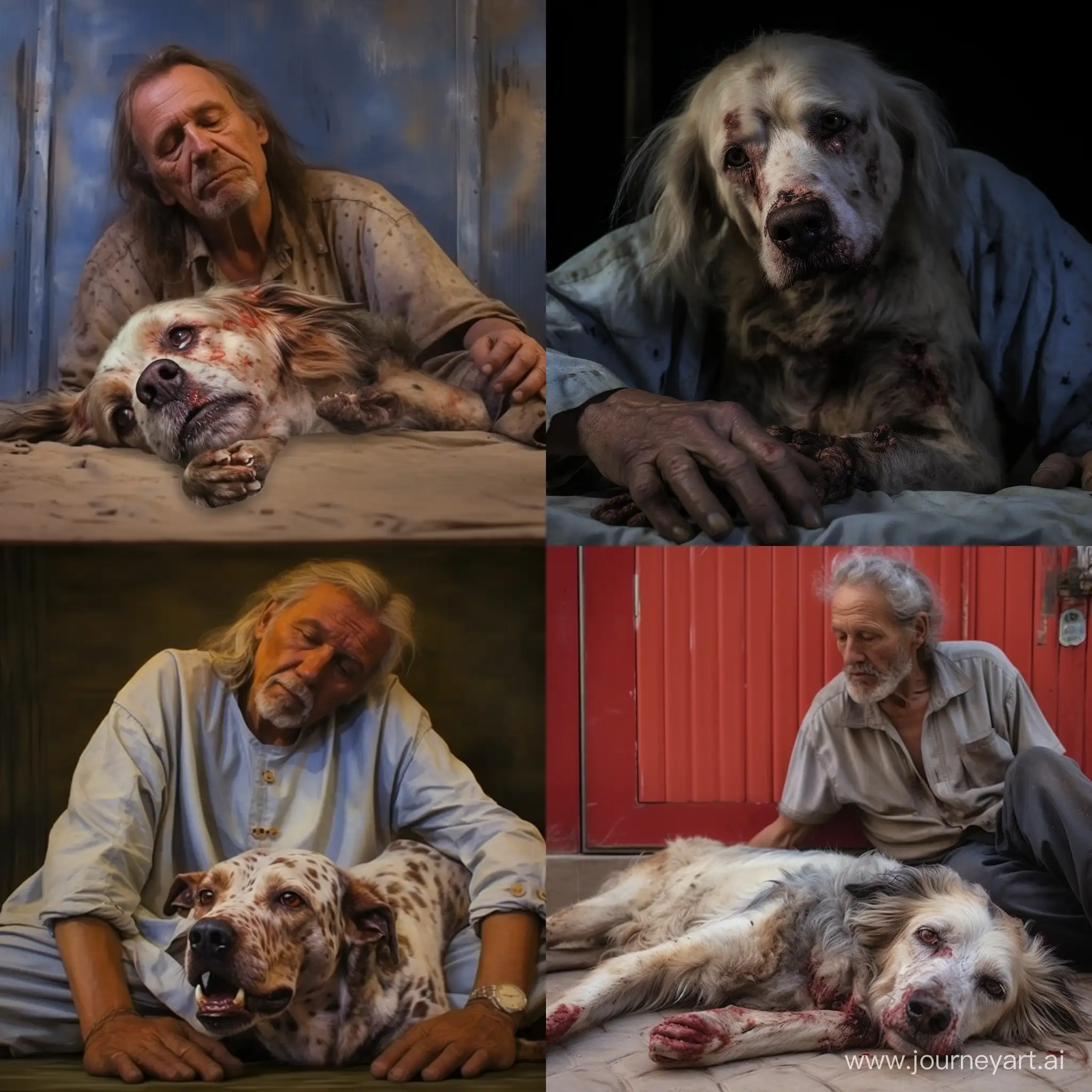 Бело-пятнистый беспородный пёс лежит у ног хозяина -мужчины и умирает, хозяин гладит умирающего пса и плачет, фотография, гиперреализм, высокое разрешение