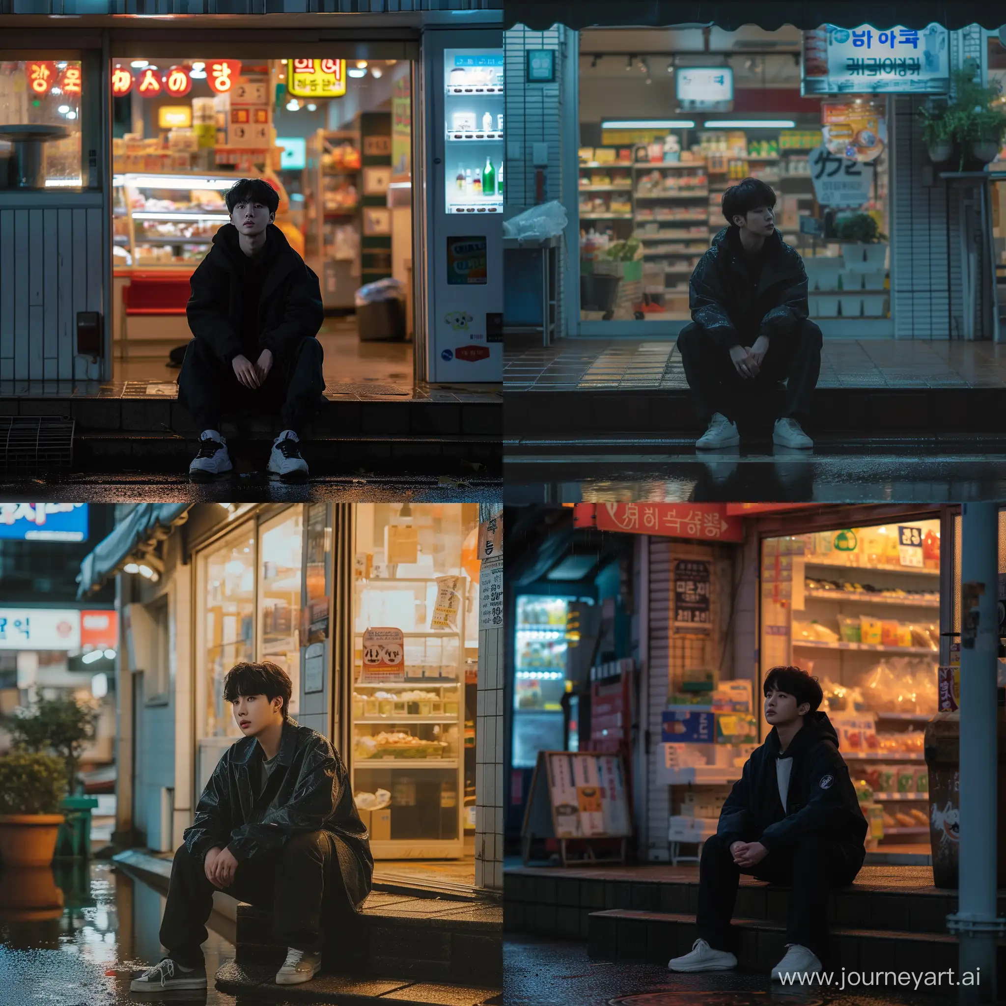 Min-Yoongi-Lookalike-Resting-Outside-Store-on-Rainy-Evening