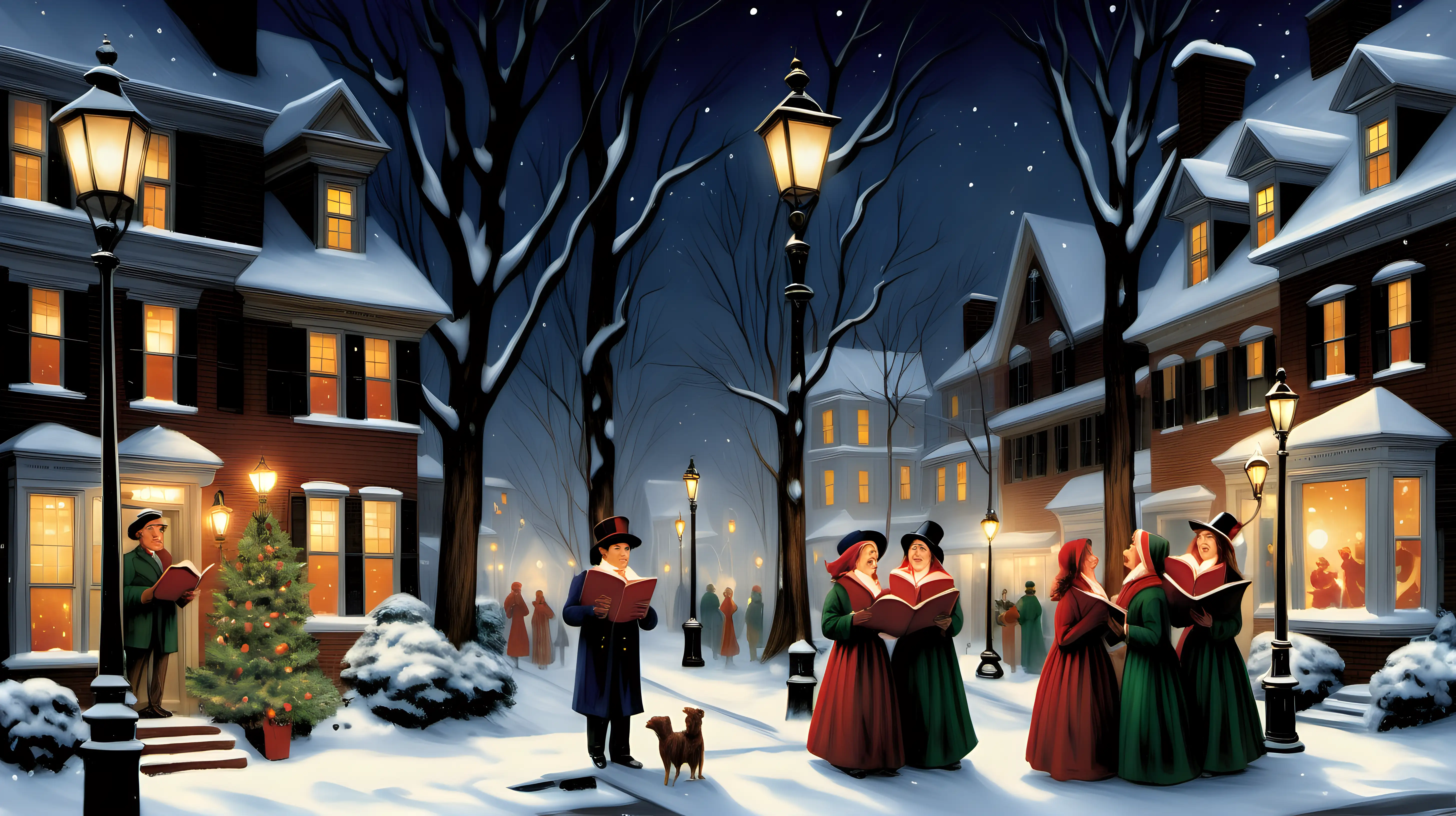 Enchanting Snowy Evening Carolers Singing by Lampposts