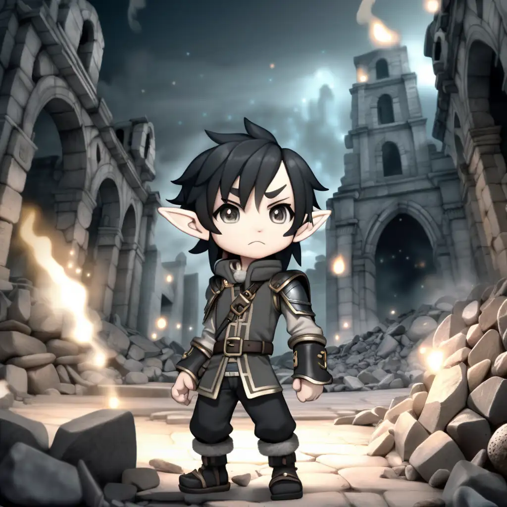 Chibi Male Elf in RPG Setting Amid Dystopian Ruins at Night