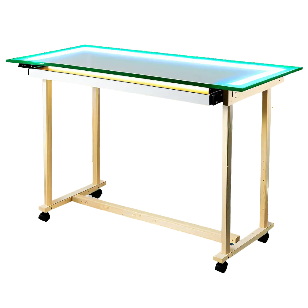 drawing table made of lumber with has LED strip light underneath the acrylic glass with the angle of 30degrees or adjustable with the use of  hinges and has drawer and caster wheels 


