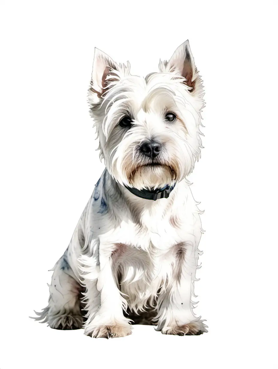 softly watercolored West Highland terrier full body, against white background in a recurring pattern of 6 evenly spaced out to fill the image