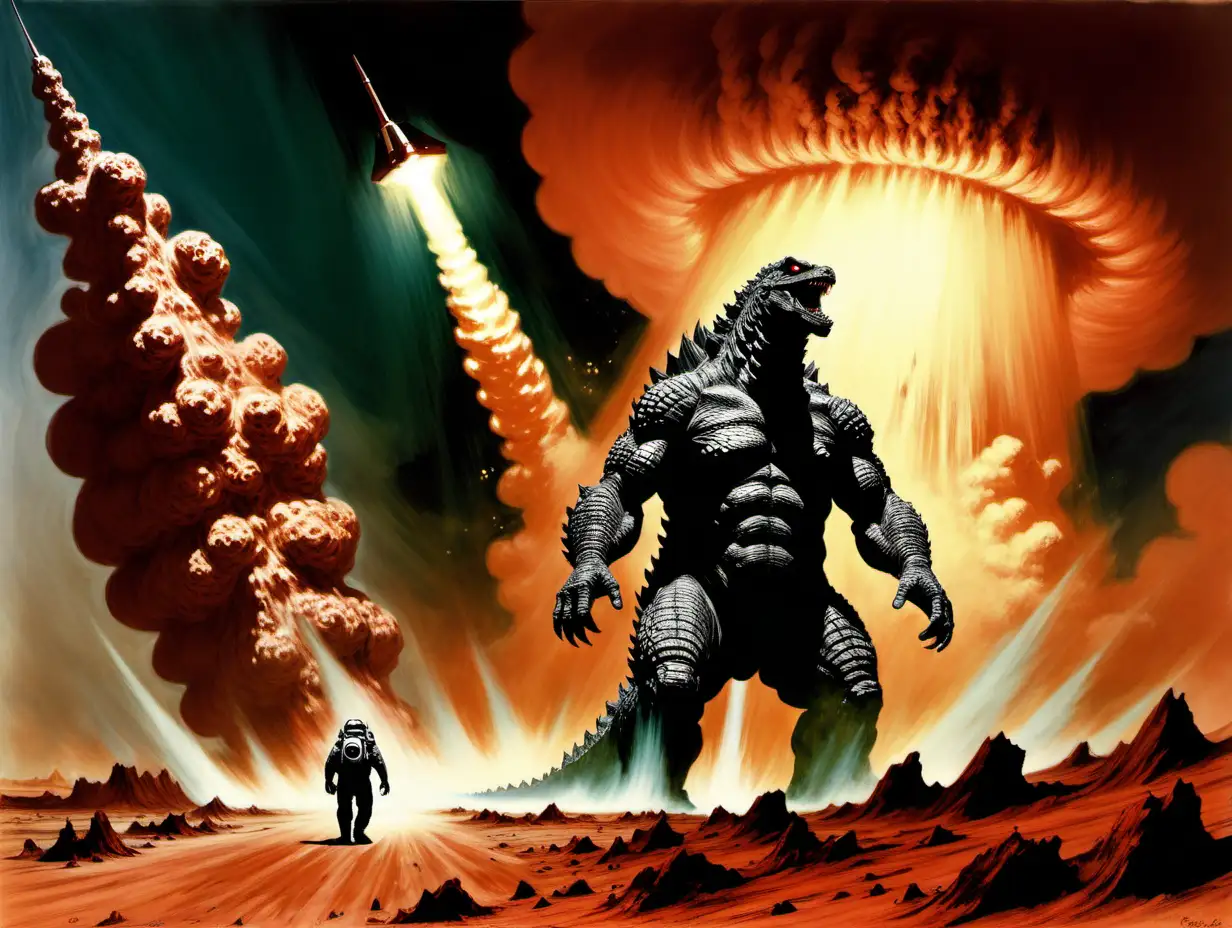 Godzilla walking through a nuclear explosion on Mars Frank Frazetta style