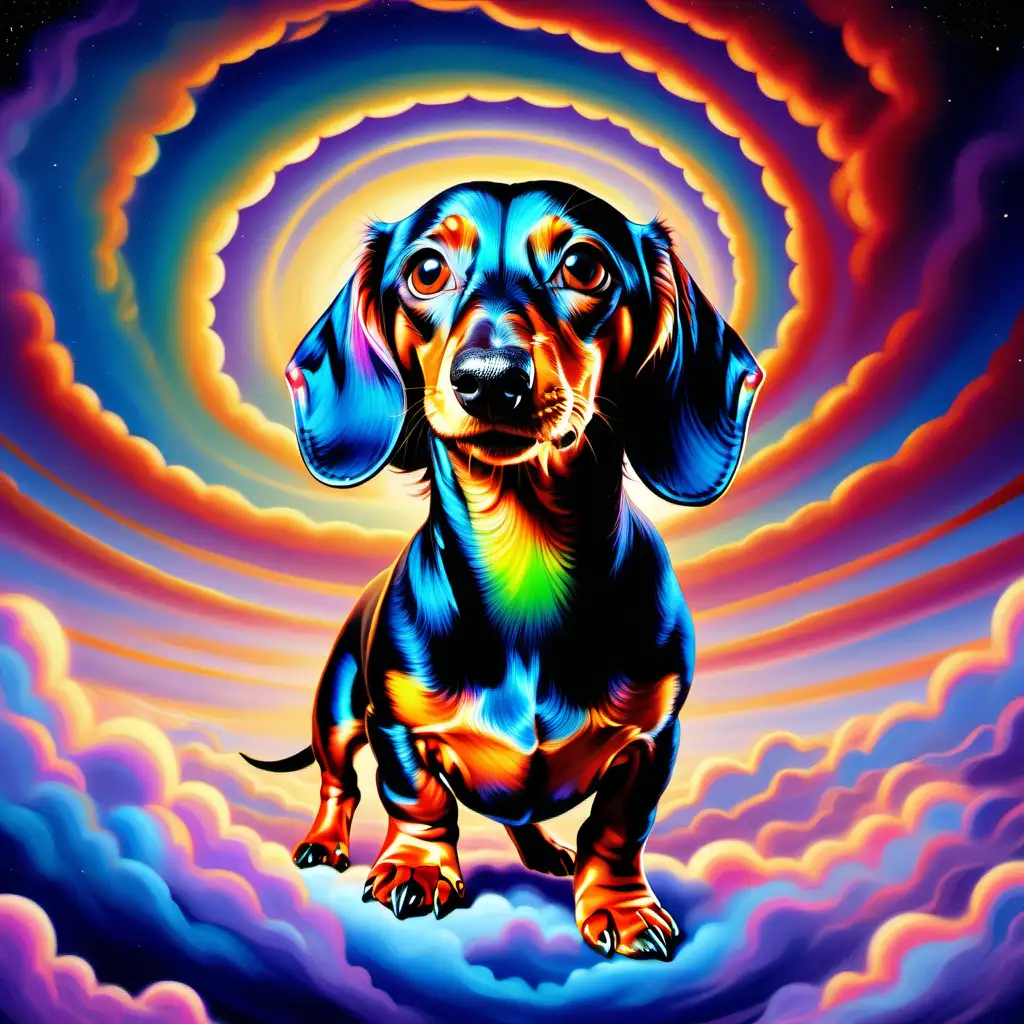 Imagine a breathtaking scene where a vibrant, multi-hued Dachshund's head emerges from a canvas of swirling, iridescent clouds. The Dachshund's head form is vividly painted with a palette of vibrant colors, emanating an aura of raw power and strength amidst the ever-shifting, kaleidoscopic clouds that surround it. Capture the essence of this majestic creature as it stands as a symbol of primal force and beauty within the mesmerizing, colorful expanse of the sky.
