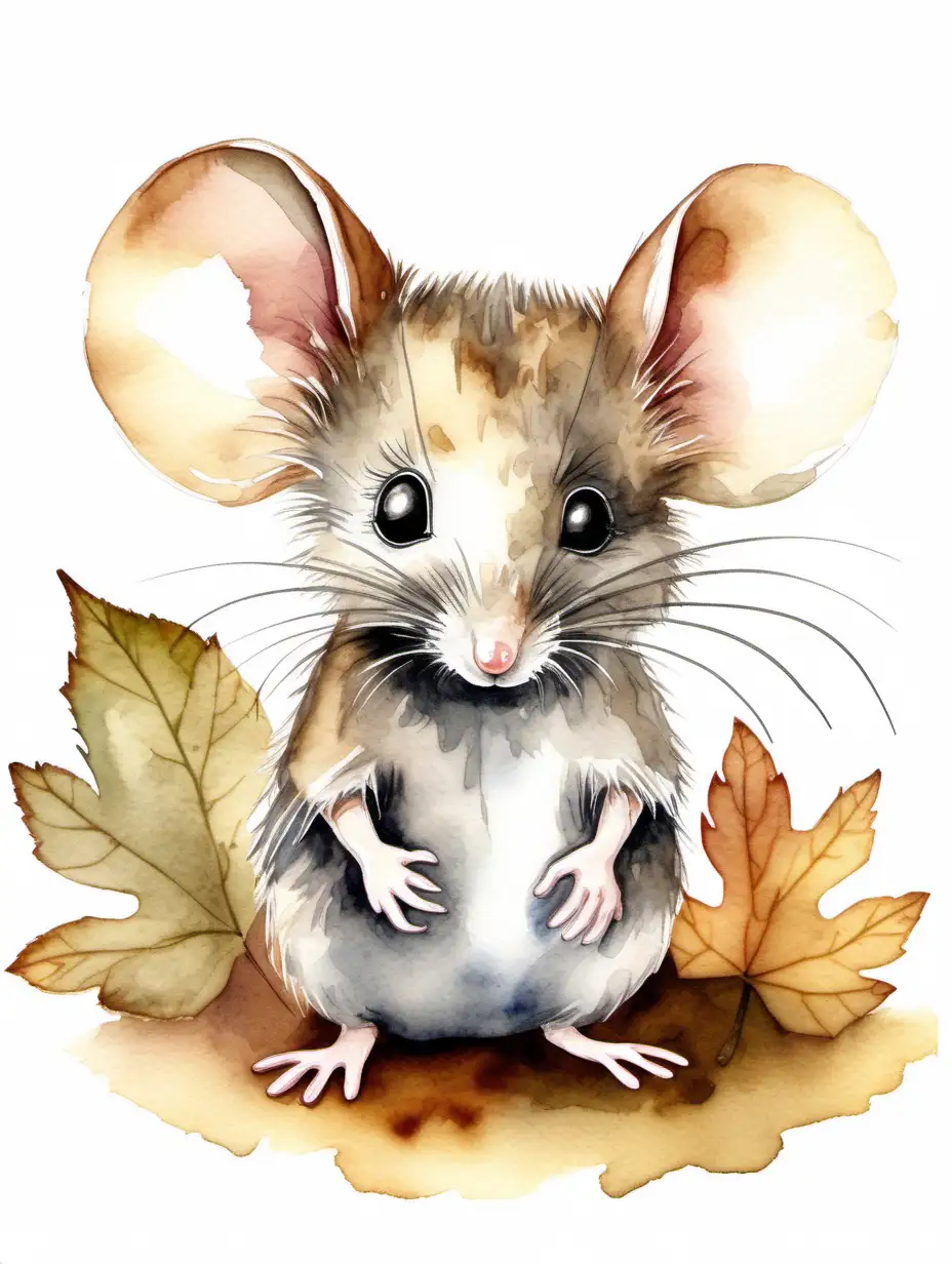 water color drawing of a baby mouse, woodland style, cute, neutral colors, big eyes, full body, isolated white background