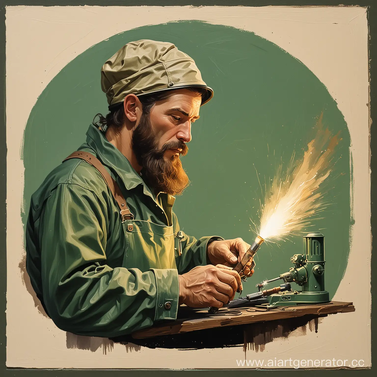 Welders-Iconic-Moment-in-GreenBeige-Gouache-Painting