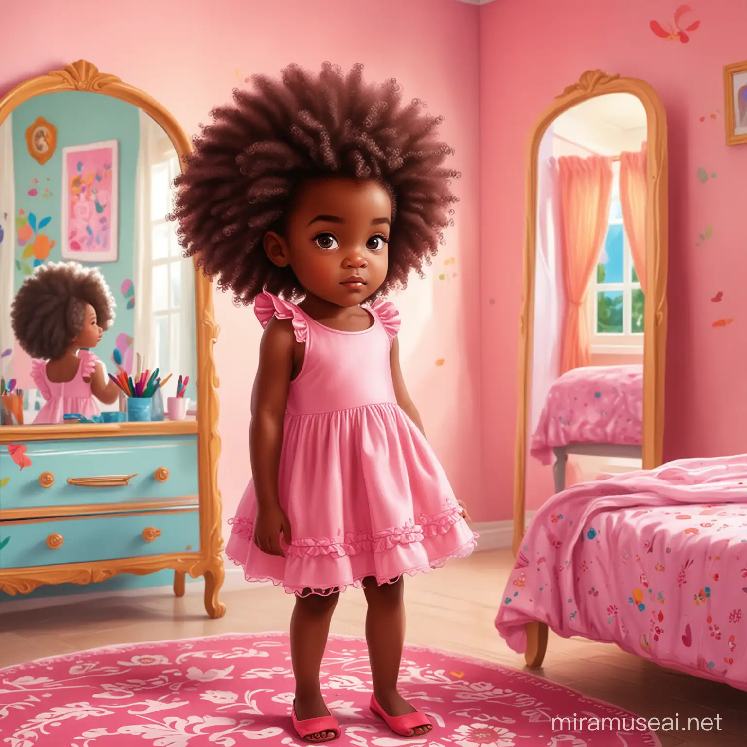 Afro black girl in pink dress staring in mirror in colorful bedroom children book illustration