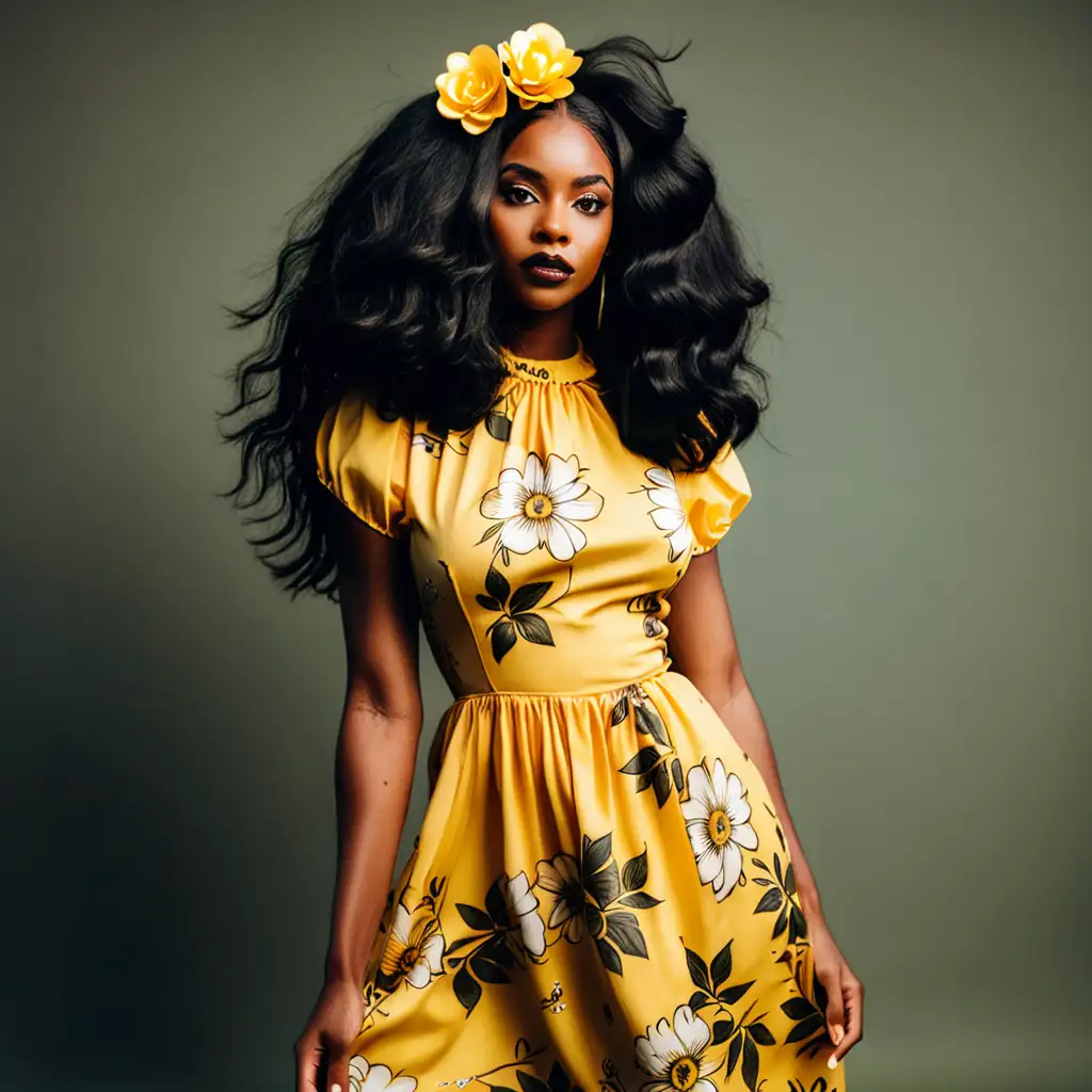 Stylish Instagram Model Woman in Vintage Floral Yellow Dress