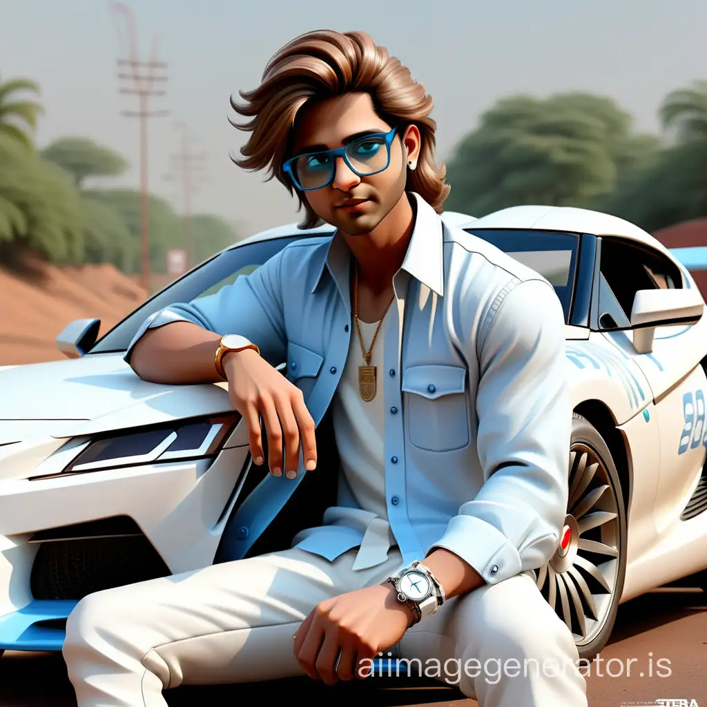 [white super car], Indian biggest park background, and 20 year's old wearing sky-blue and white casual shirt, luxury one hand watch, luxury glasses, medium beautiful hair, sitting on realistic white supra Mk6 of side, with name 'mudasser' write on number plate, 3d art painting realistic photo