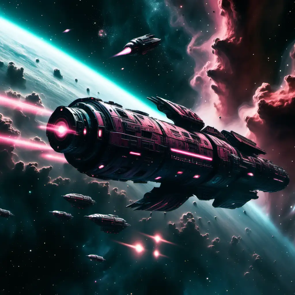 A roughly cylindrical and oddly shaped spaceship moving through a nebula. The scene has cyberpunk overtones.