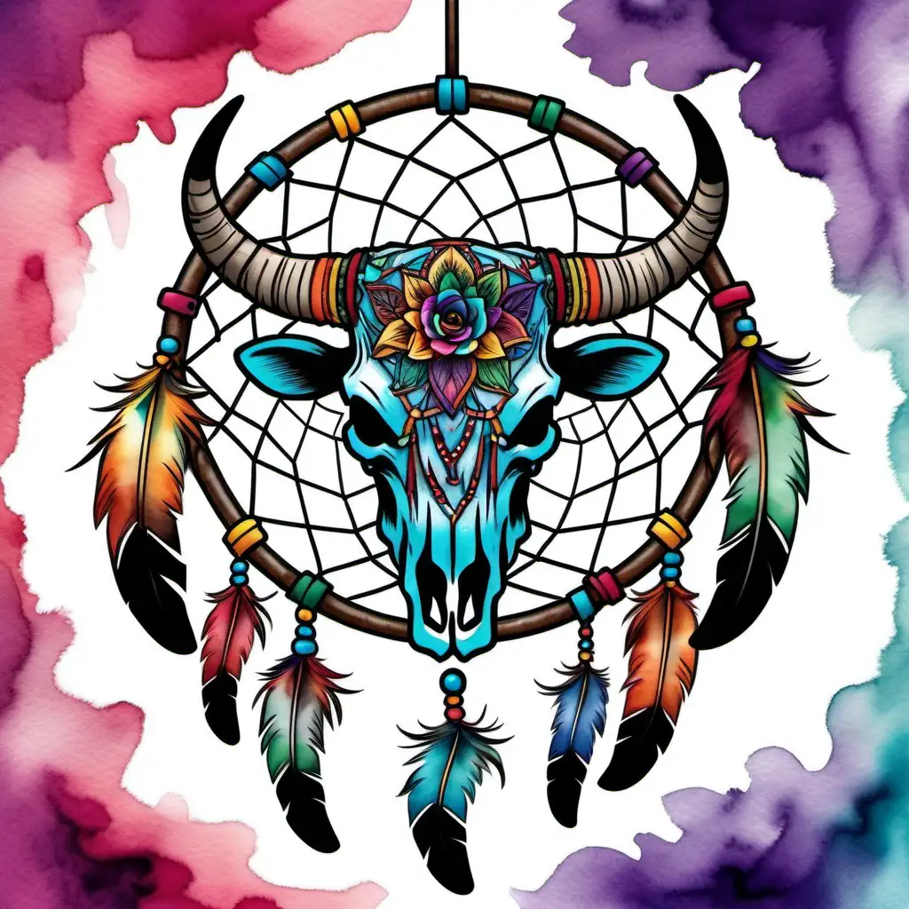 multi color dream catcher / mandela with a steer skull directly in the middle nothing to exceed past the frame water color backround

