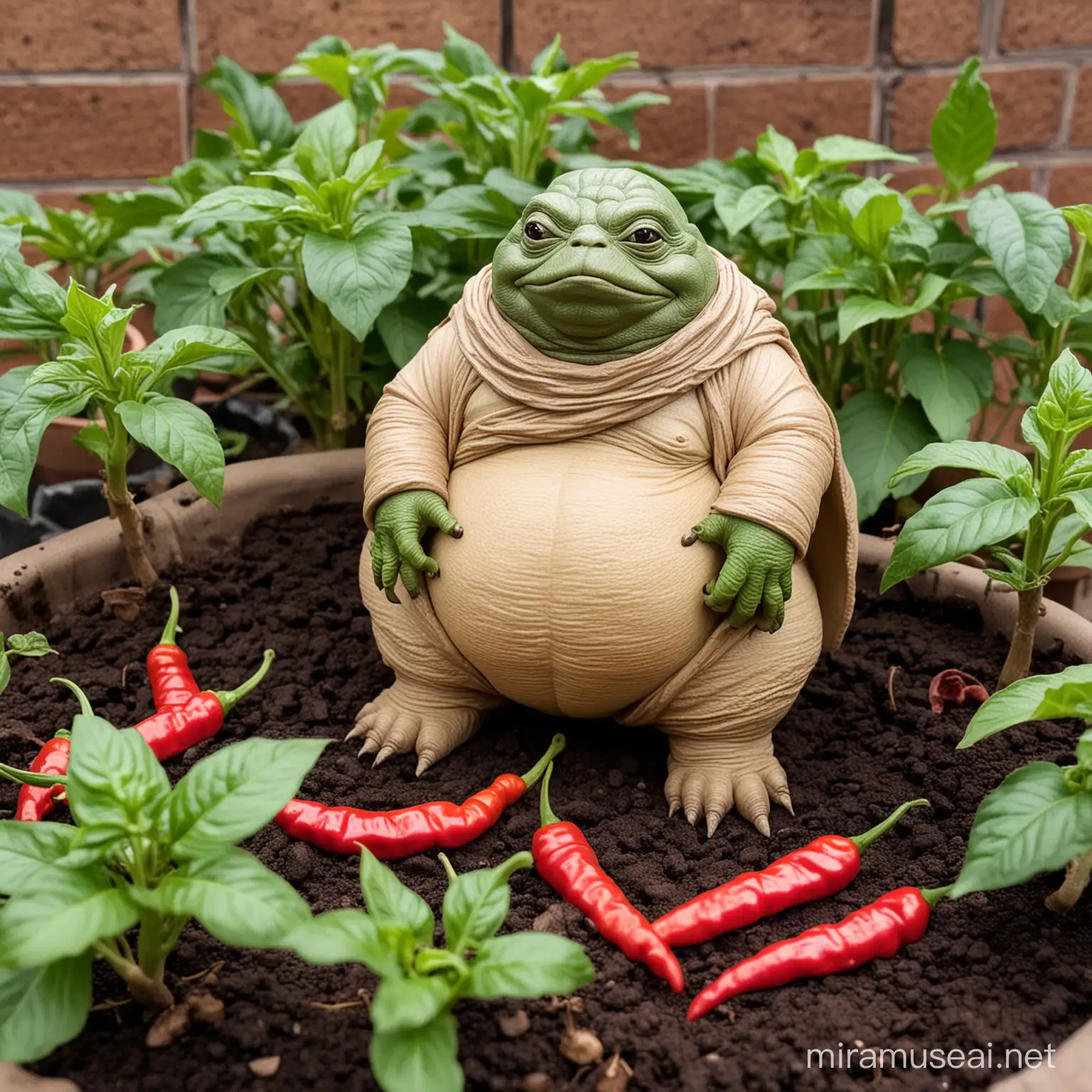 Jabba the Hutt Cultivating Spicy Peppers in a Desert Oasis