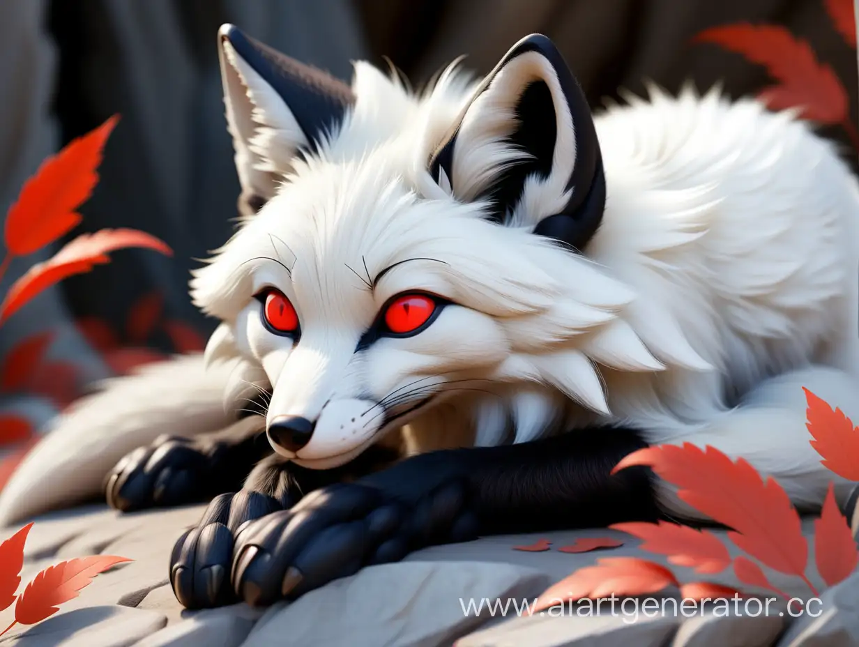 Elegant-White-Fox-with-Striking-Black-Accents-Rests-in-Tranquil-Slumber