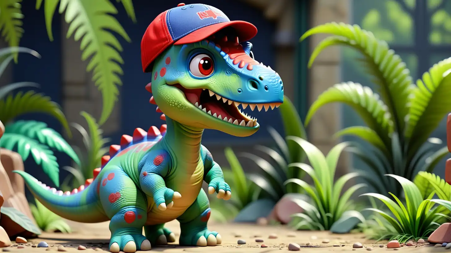 PEQUEÑO DINOSAURIO DE PIE,  ES DE COLOR VERDE , ES AMIGABLE VISTE  UN PETO AZUL, GORRA DE COLOR AZUL Y ROJO DINOSAURIO AMIGABLE 