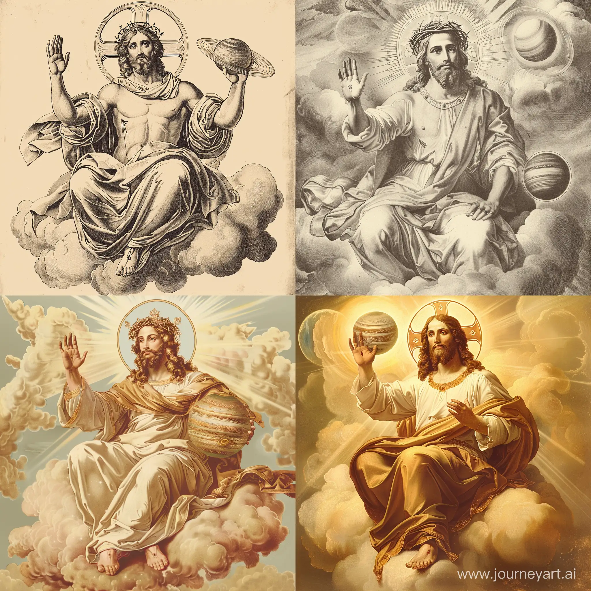 Rey dios padre, parecido a Jesus, vistiendo túnica, sentado sobre nubes y resplandores sostiene un planeta con su mano derecha frente a su pecho, saludando con la mano izquierda