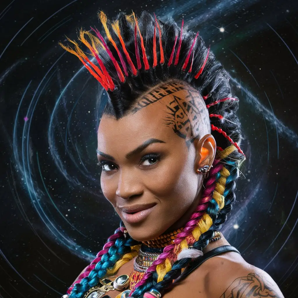 handsome tattooed smiling African woman with big afuturistic mowhawk head piece made with colourful festival braided hair twisted in a crazy hair couture style, beads and beautiful tribal jewellery, with dark galaxy background