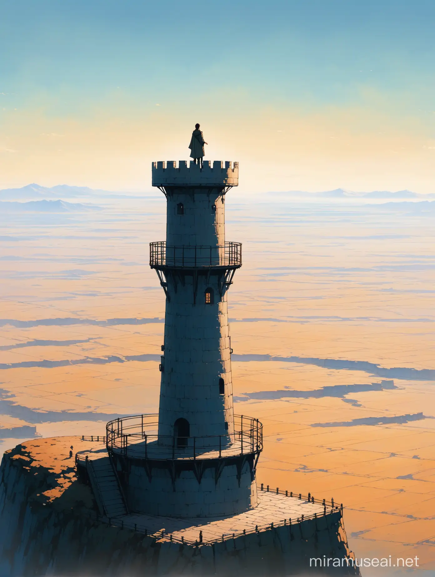 a solitary figure standing atop a watchtower, overlooking a vast expanse of landscape. The figure is vigilant, gazing out into the distance with a focused expression.