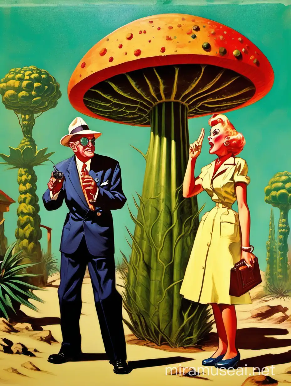 Use a long lens. Two Elder colorful tourists looking around - facing towards different directions. The female is angry and points towards a man eating plant that,threatens them. The man is laughing. Make it humorous. For the style of the painting, use a vintage sci fi painting style in a flat colorful 1950s sci fi painting style. Be inspired by the artist Gil Elvgren. Add humor! Make the scene funny.