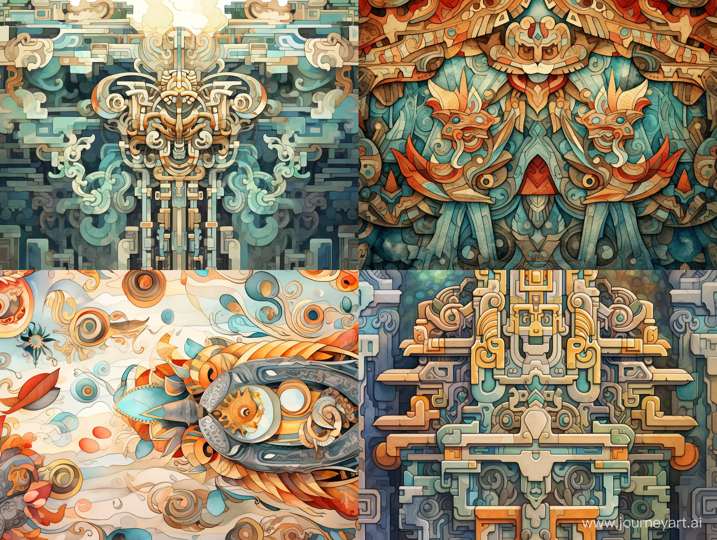 ornamental pattern, avshan, ancient civilizations, planar illustration, watercolor, Victor Ngai style